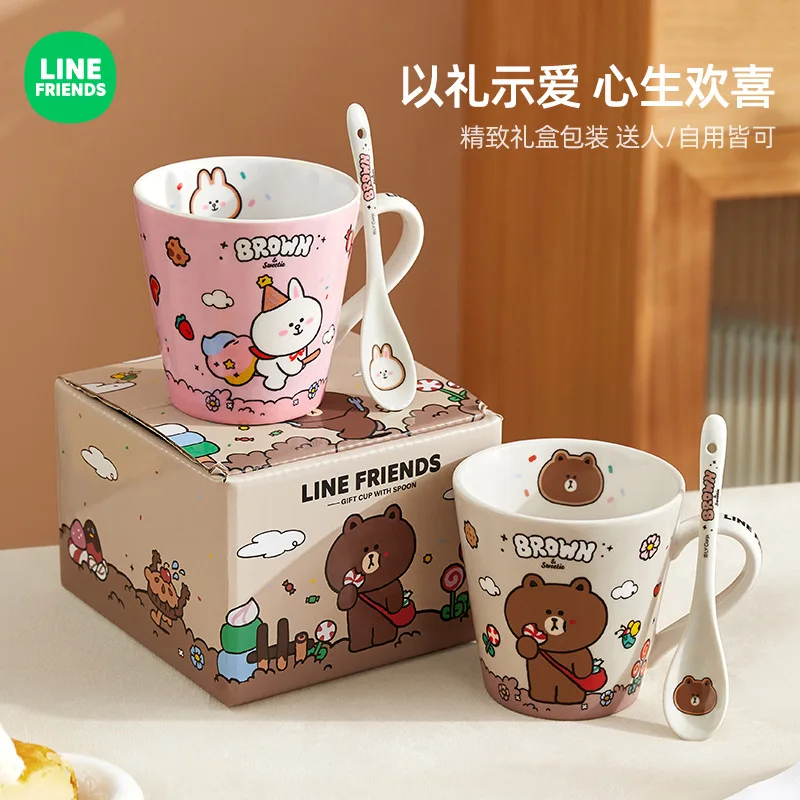 New 300ml LINE FRIENDS Cartoon Cony Print Mug Valentines Day Gift Brown Anime Kawaii Women's Spoon Ceramic Home Cute Coffee Cup