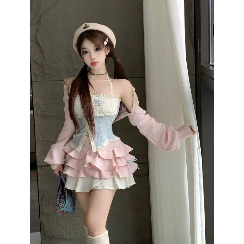 Korean Spicy Girl Cardigan Hanging Neck Sling Puffy Skirt Three Piece Set Women Fashion Contrast Color Print College Slim Suit