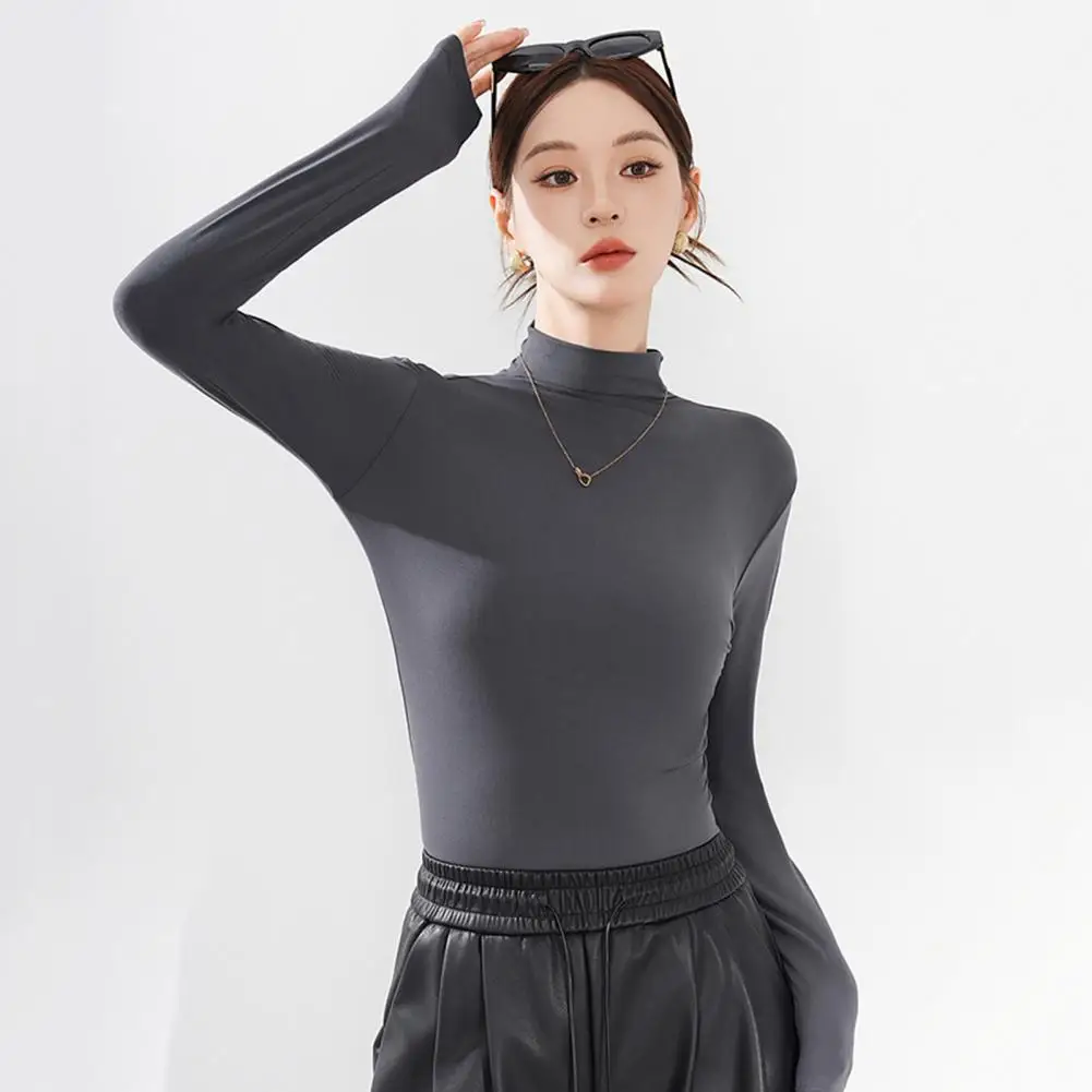 Slim Fit Tee Women's Slim Fit Long Sleeve High Collar Pullover Blouse Lightweight Stretchy Casual Top for Bottoming Outfits Long