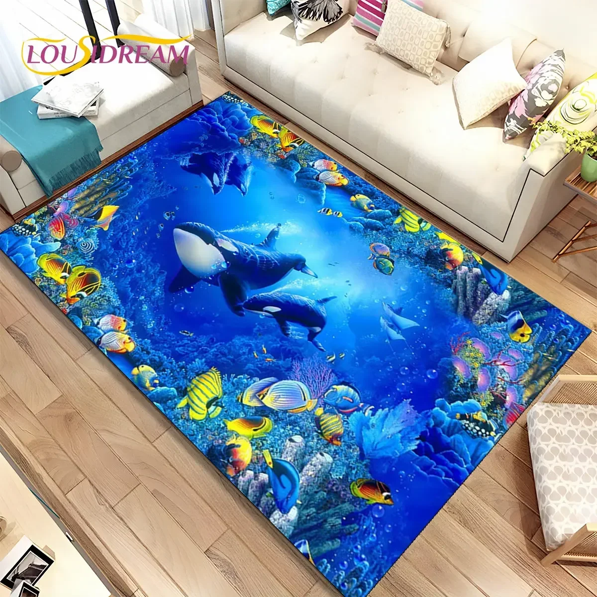 3D Illusion Seabed Underwater World Dolphin Shark Area Rug,Carpet Rug for Living Room Bedroom Sofa Doormat,Non-slip Floor Mat