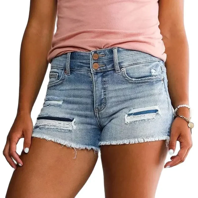 

High Waist Double Button Splicing Denim Shorts Women Broken Holes Tassel Three Quarter Pants Female Summer New Casual Mini Jeans