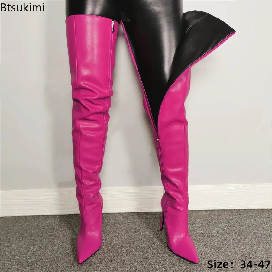Sexy spitze Overknee-Stiefel, modische personalisierte Stiefel mit seitlichem Reißverschluss aus PU-Leder, Damenschuhe, große Größen 34-47