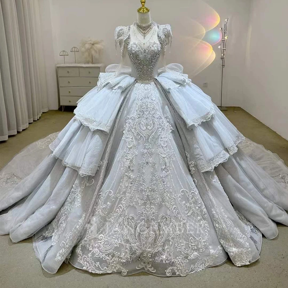 

Customized Sheer Neck Shiny Wedding Dress 2025 Ball Gown Floor Length Court Train Lace Up Bridal Gown Tiered فساتين حفل