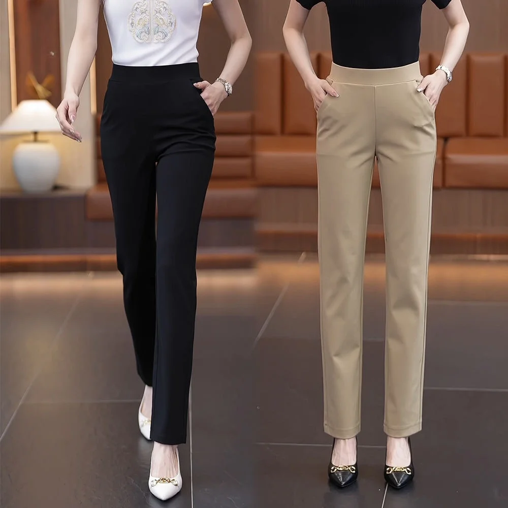 High Waist Straight Leg Ladies Pants Loose Fit Thin Material Elastic Casual Black plus Size Long Trousers for Middle-Aged Women