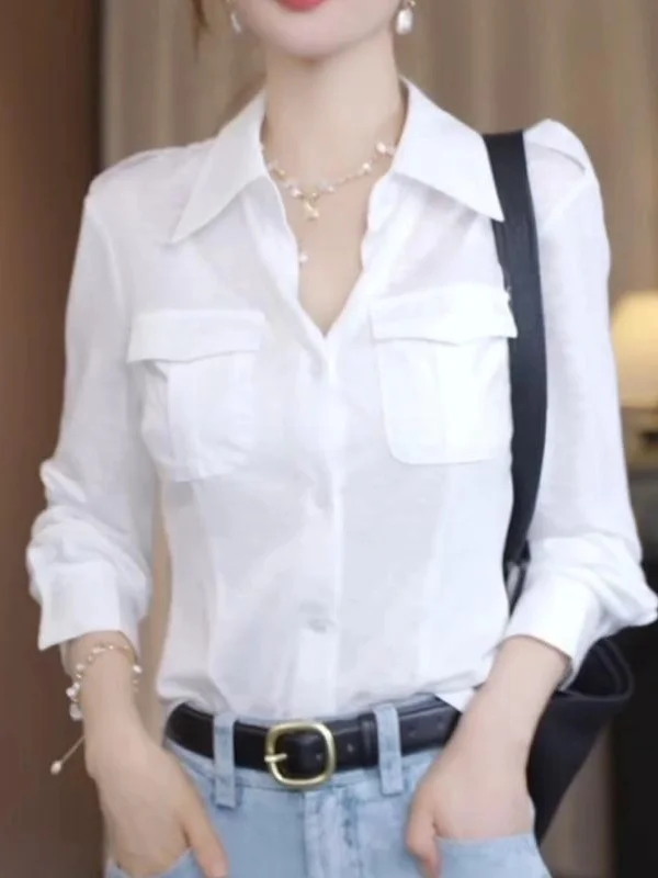 

Ele White Long Sve irt Women's Collar plus Size Slimming Top Trendy Spring 2026 Commute Sle Ultra-Thin Regula...