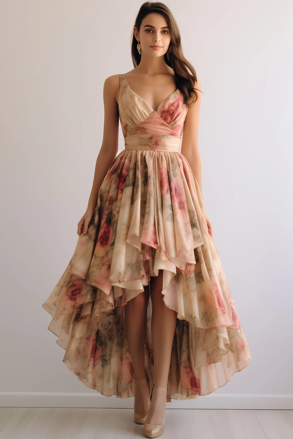 

Women's Dess Everyday Champagne Chiffon Floral Print Sleeveless High Low Hem Maxi Dress