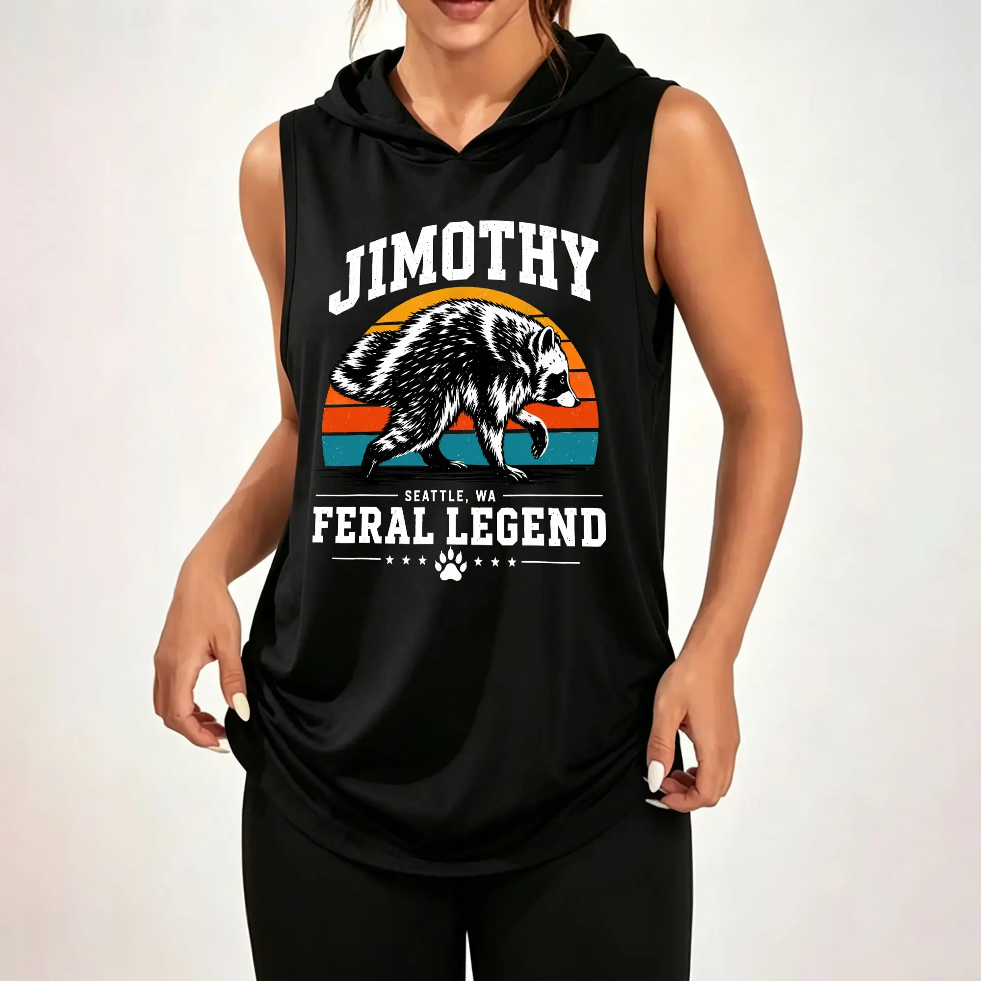 Women's Sleeveless Hoodie, Jimothy Feral Legend Raccoon Retro Sunset Print Casual Hooded Tank Top