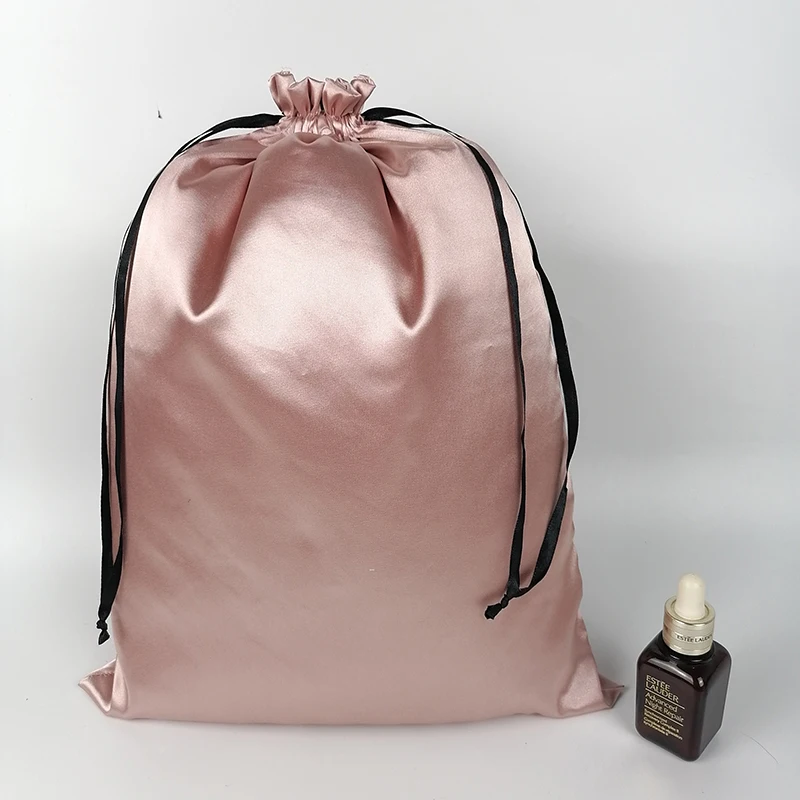 Rose Gold Silk Satin Jewelry Drawstring Bag Makeup Shoes  Clothes Virgin Hair Extensions Wigs Packaging Bags Storage Custom Logo