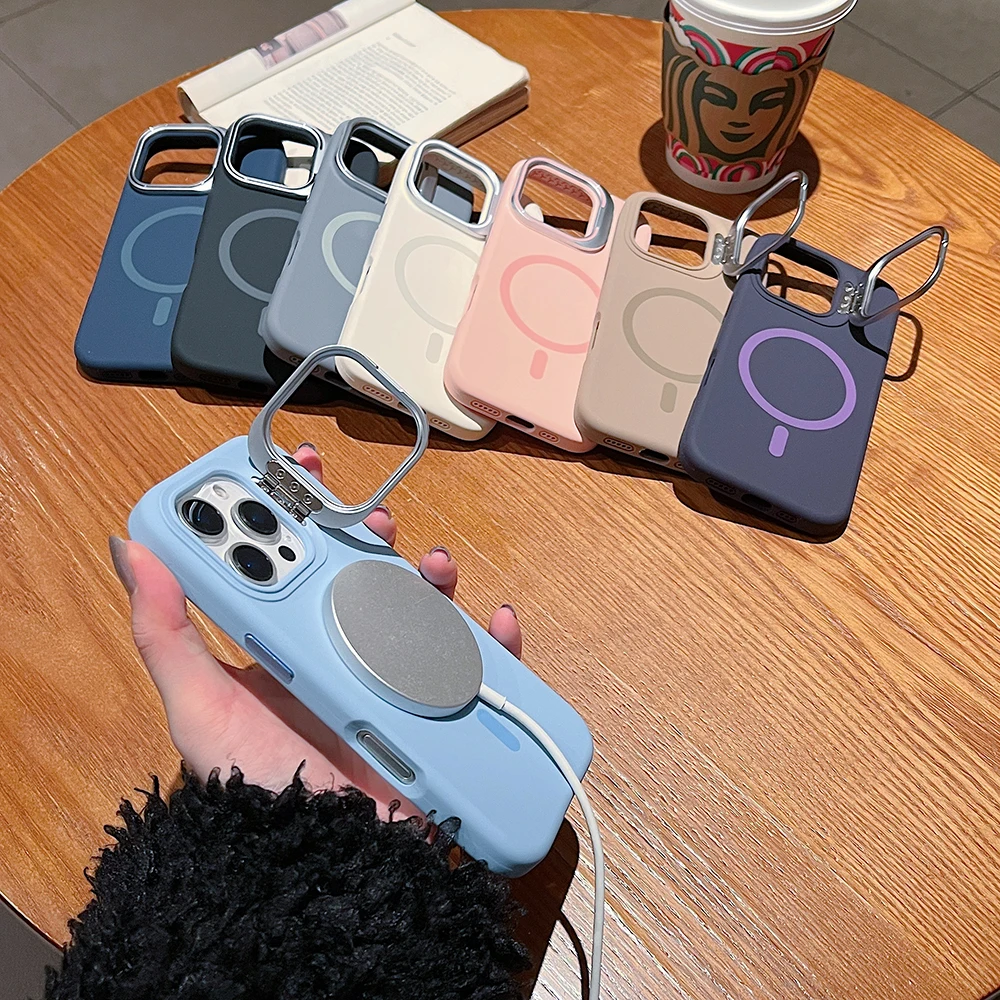 

Wholesale 20PCS/lot Luxury Metal Lens Kickstand Phone Cases For iphone 16/15/14/13/12 Pro Max For Magsafe Silicone+Alloy Button