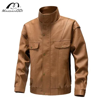 MAIDANGDI Men's Leather Stand Up Collar Retro Windproof and Moisture Wicking 4xl Men's Artificial Leather PU Material