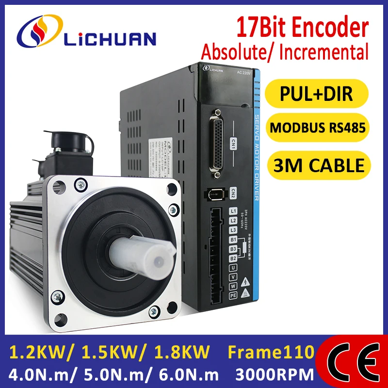 Lichuan 220V 3000RPM 5A6A 4.0N.m/5.0N.m/6.0N.m AC Servo Driver Motor Kit A5 1.2KW 1.5KW 1.8KW AC Servo Motor Drivers Kit for CNC