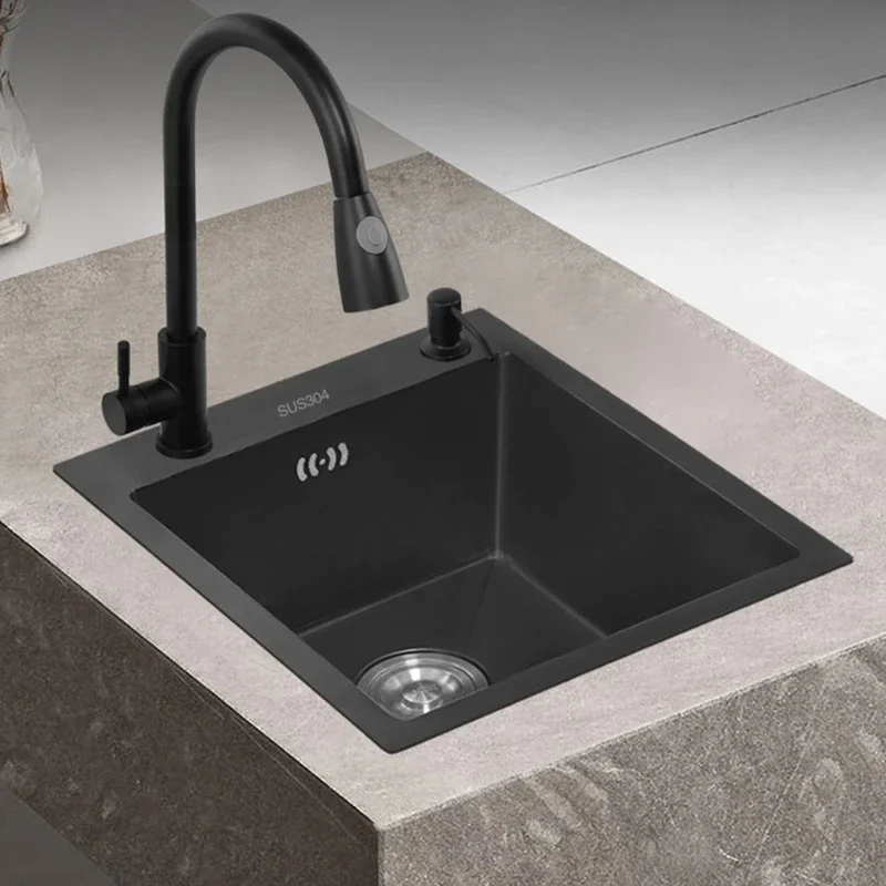 

304 Stainless Steel Kitchen Sinks Bar Balcony Mini Sink Single Tank Black Nano Kitchen Accessories Thicken Wash Basin Small Sink