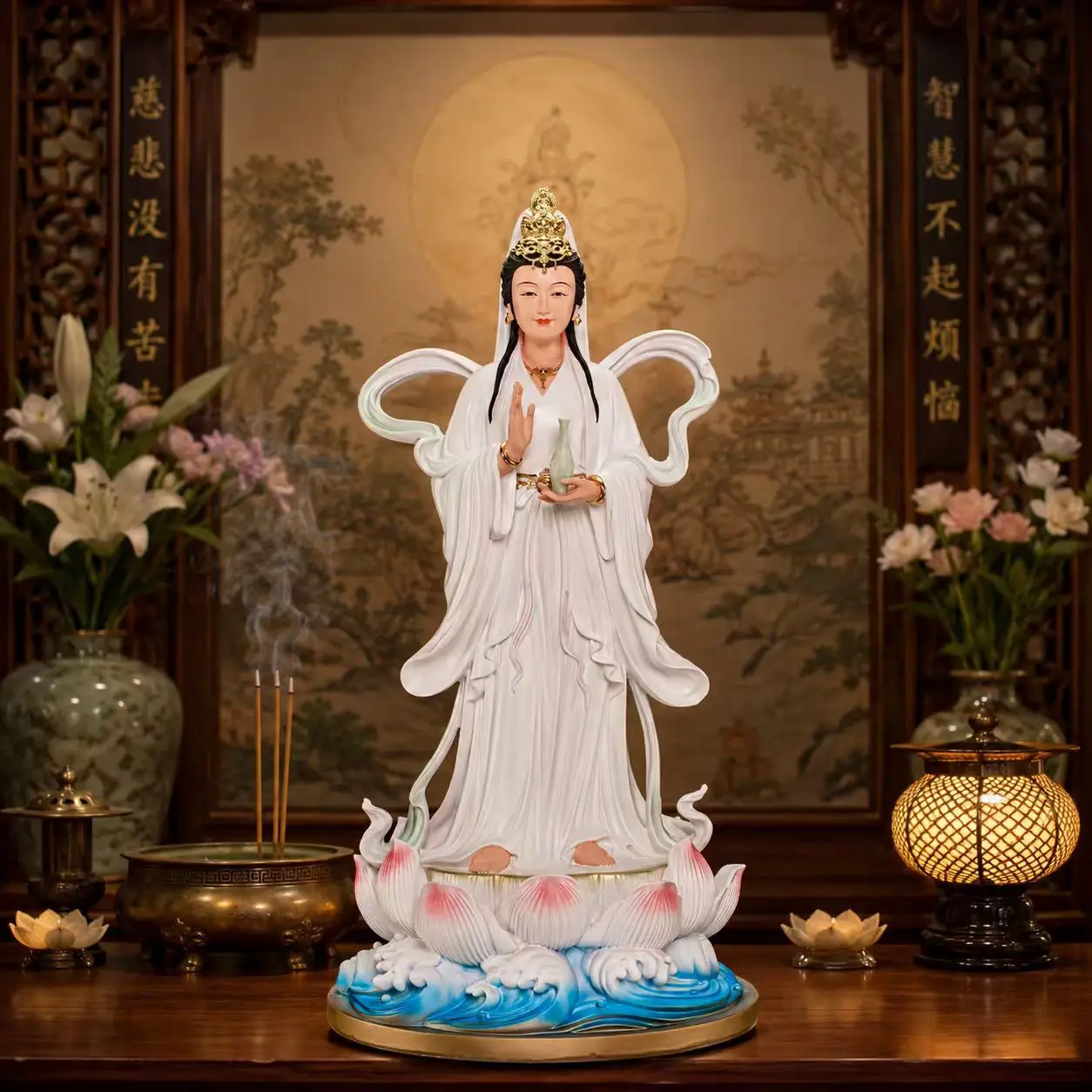 HYS Guanyin Bodhisattva Statue Resin Guanyin Sitting Lotus White Clothes Guanyin Nanhai Statue Body True Body Home