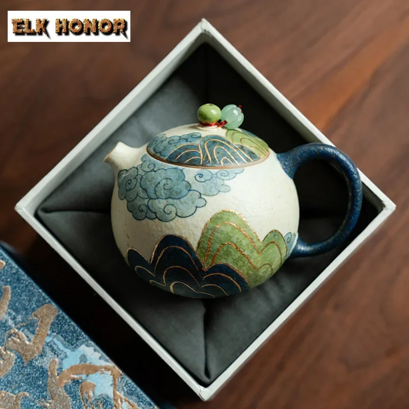

150ml Hand-painted Tracing Gold Green Mountain Teapot Aesthetic Tea Infuser Pot Tea Maker Kettle With Ball Hole For Tea Supplies