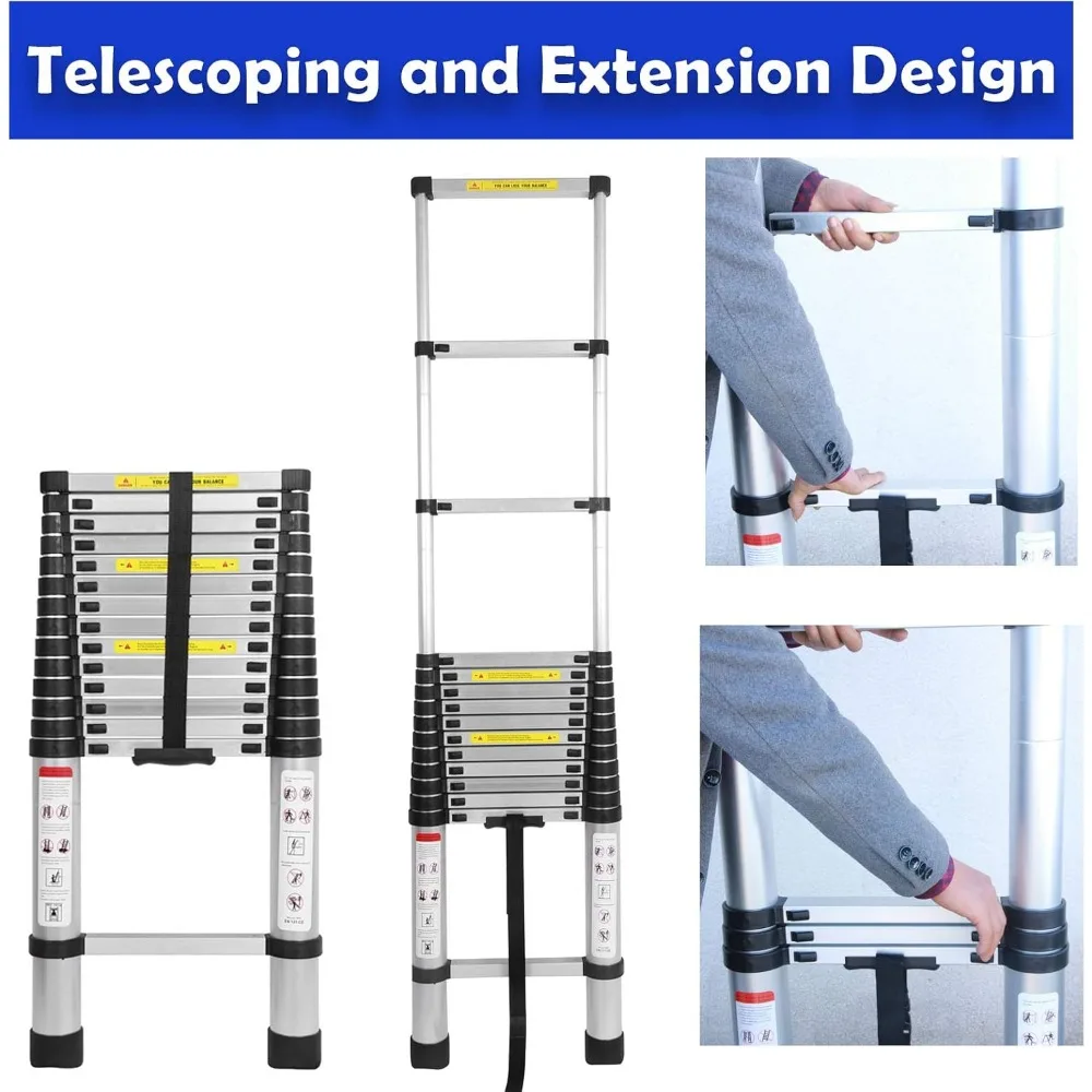 Telescoping Ladder 20ft Folding Loft Ladder with 2 Detachable Hooks Anti-Slip Rubber Feet Portable Heavy Duty Folding Ladder