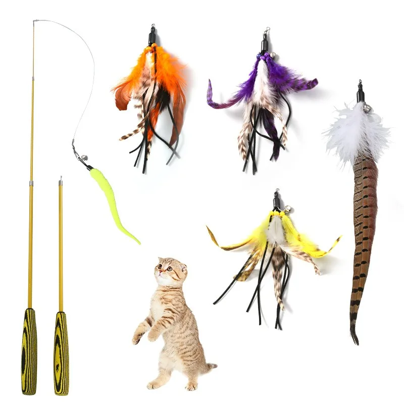 6PCS Cat Three-section Telescopic Fishing Pole Interactive Replacement Feather Teaser Stick Wand Pet Feather Bell Catcher Toy