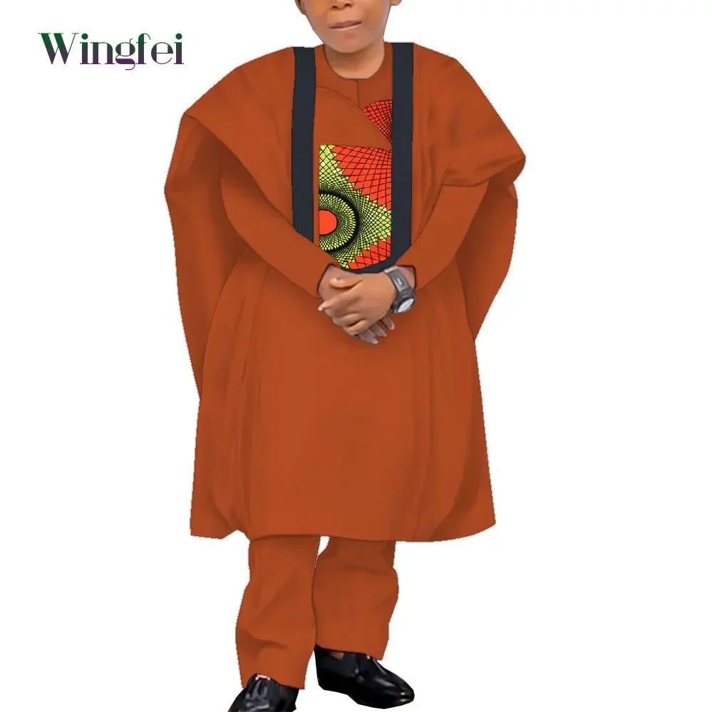 African Clothes for Children Boy's Attire 3 Piece Sets Nigerian Robe Suits Traditional Bazin Riche Abaya Clothes Boy Gift WYT599