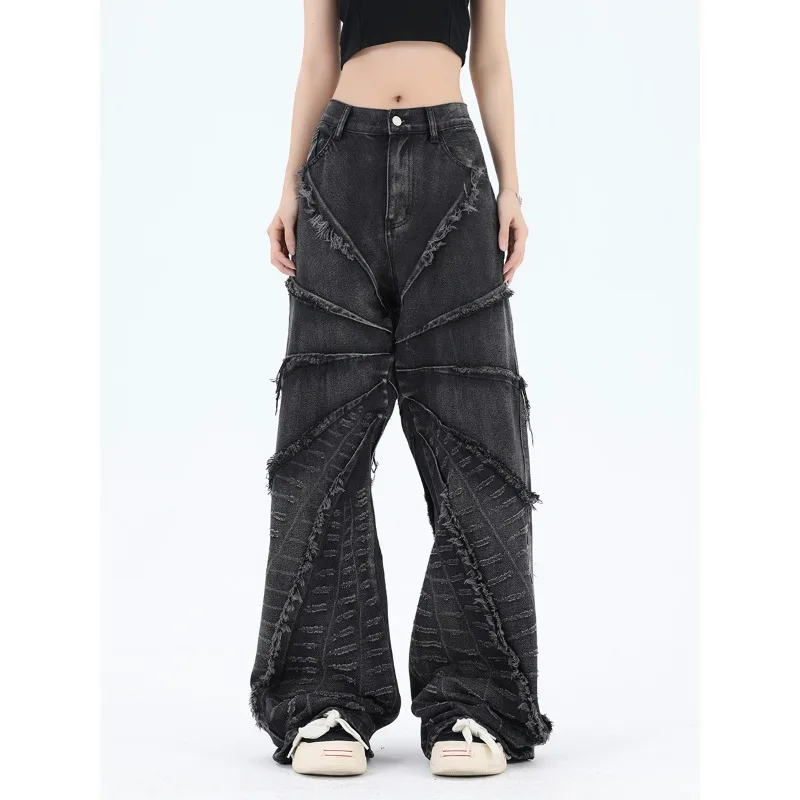 Deeptown Black Vintage Women\'s Jeans Y2k Streetwear Oversized Stacked Denim Pants Gothic Designer Korean Fashion Trousers Acubi