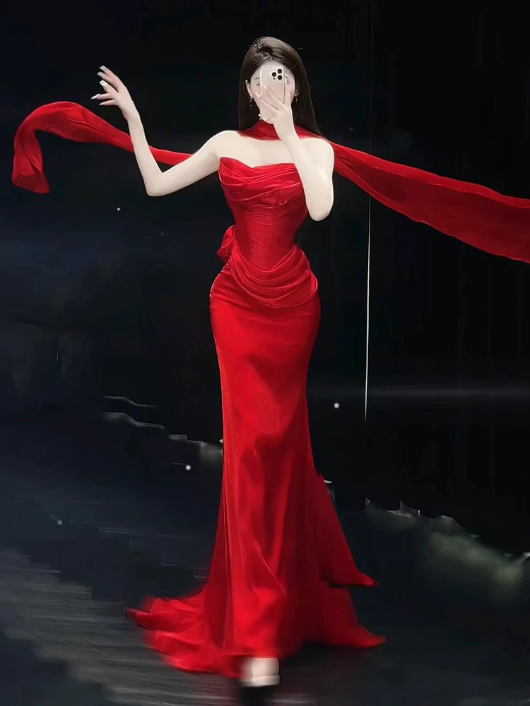 

Красное свадебное платье 2025 года, новое, роскошное вечернее платье в корейском стиле, с хвостом русалки, с завышенной талией, длинная юбка
