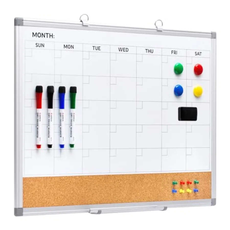 

Календарь-доска для сухого стирания и пробковая доска 2-в-1, 24*18 дюймов, комбинированный ежемесячный календарь и доска для объявлений для стены, алюминиевая рама