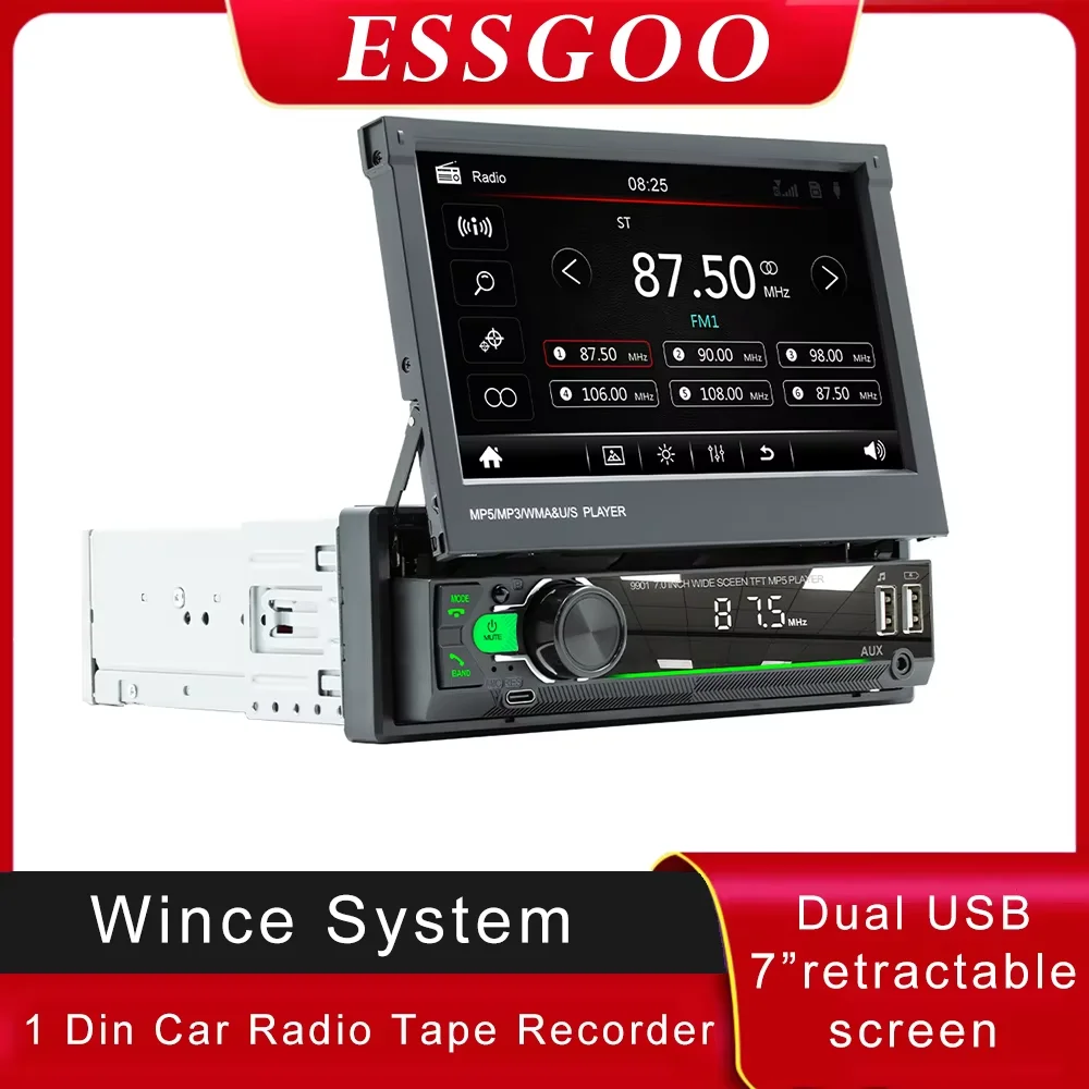 ESSGOO 1 Din Car Radio 7" Retractable Screen Multimedia Video Player MP5 Universal Car Audio Video Bluetooth Head Unit No DVD