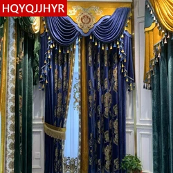 European Luxury Blue Embroidered Villa Decorative Curtains for Bedroom High Quality Velvet Curtains Living Room Valance Curtains