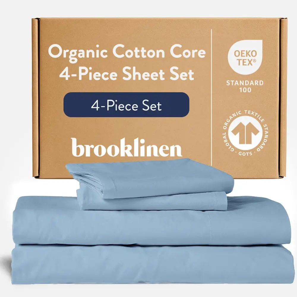 

Organic Cotton Core 4 Piece Sheet Set 100 GOTSCertified 1 Fitted, 1 Flat Sheet, 2 Pillowcases Machine Washable, Deep Pockets Be