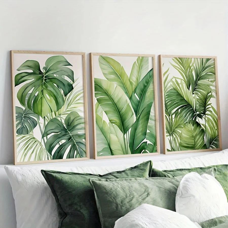 مجموعة مكونة من 3 قطع، بدون إطار، طباعة أوراق ألوان مائية استوائية، لوحة جدارية نباتية، موز، مونستيرا، ملصق أوراق النخيل، ديكور غرفة المعيشة، #2