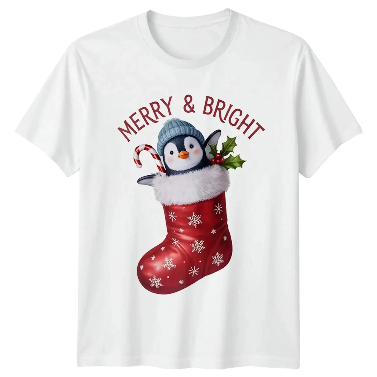 Merry Bright Penguin T Shirt Stocking Christmas for Him and Her vintage Washed streetwear graphic Slightly designer clothes