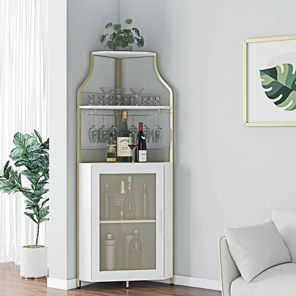 Corner Wine Bar Rack Cabinet with Detachable, Bar Cabinet with Glass Holder, Small Sideboard and Buffet Cabinet with Mesh Door