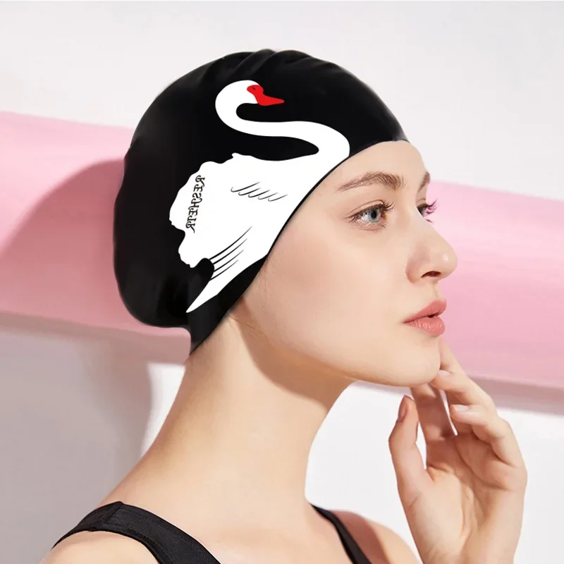 Women Swimming Cap Long Hair Ear Protection Waterproof Swimming Hat Elastic Silicone Swan Print Swimming Pool Accessories