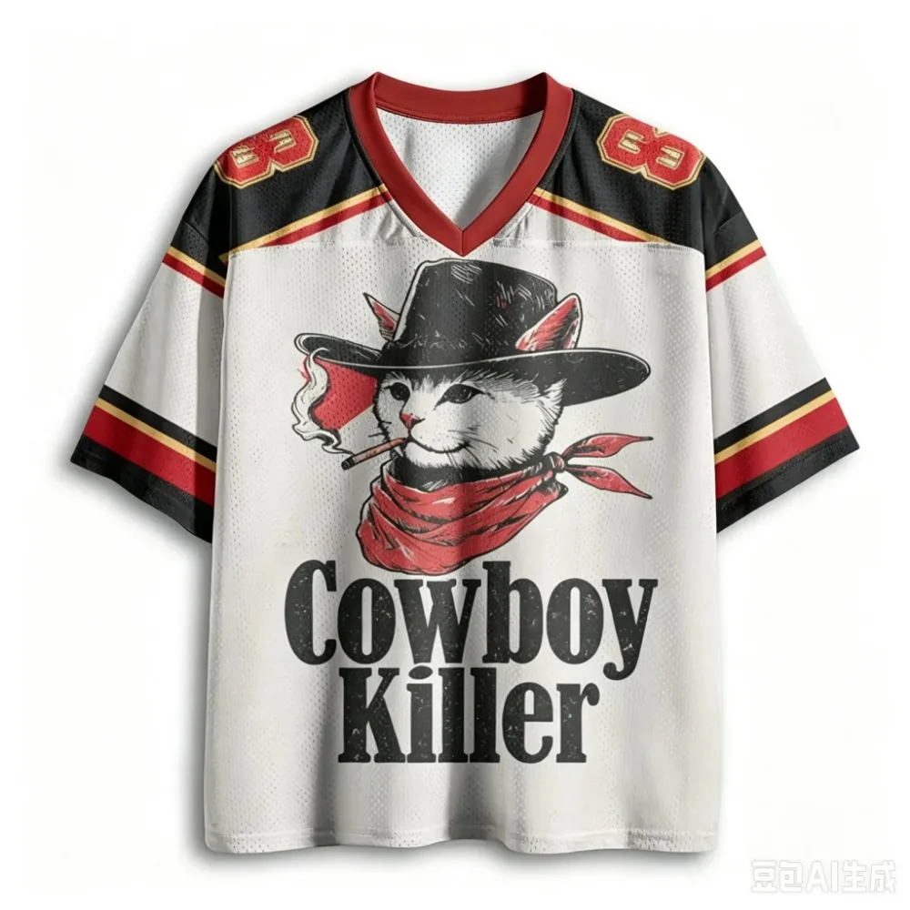 Fashion Cat Cowboy Pattern “Cowboy Killer” Text 3D Print Casual Street Outdoor Fitness MenV-neck T-shirt Large Size parent-child