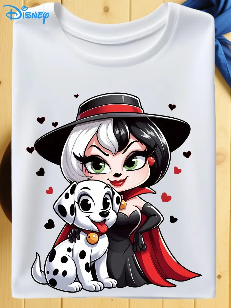 

Disney Dalmatians T-Shirt Cute Puppy Print Cruella De Vil and Dalmatians Casual Short-Sleeve Crew Neck Top Everyday Wear