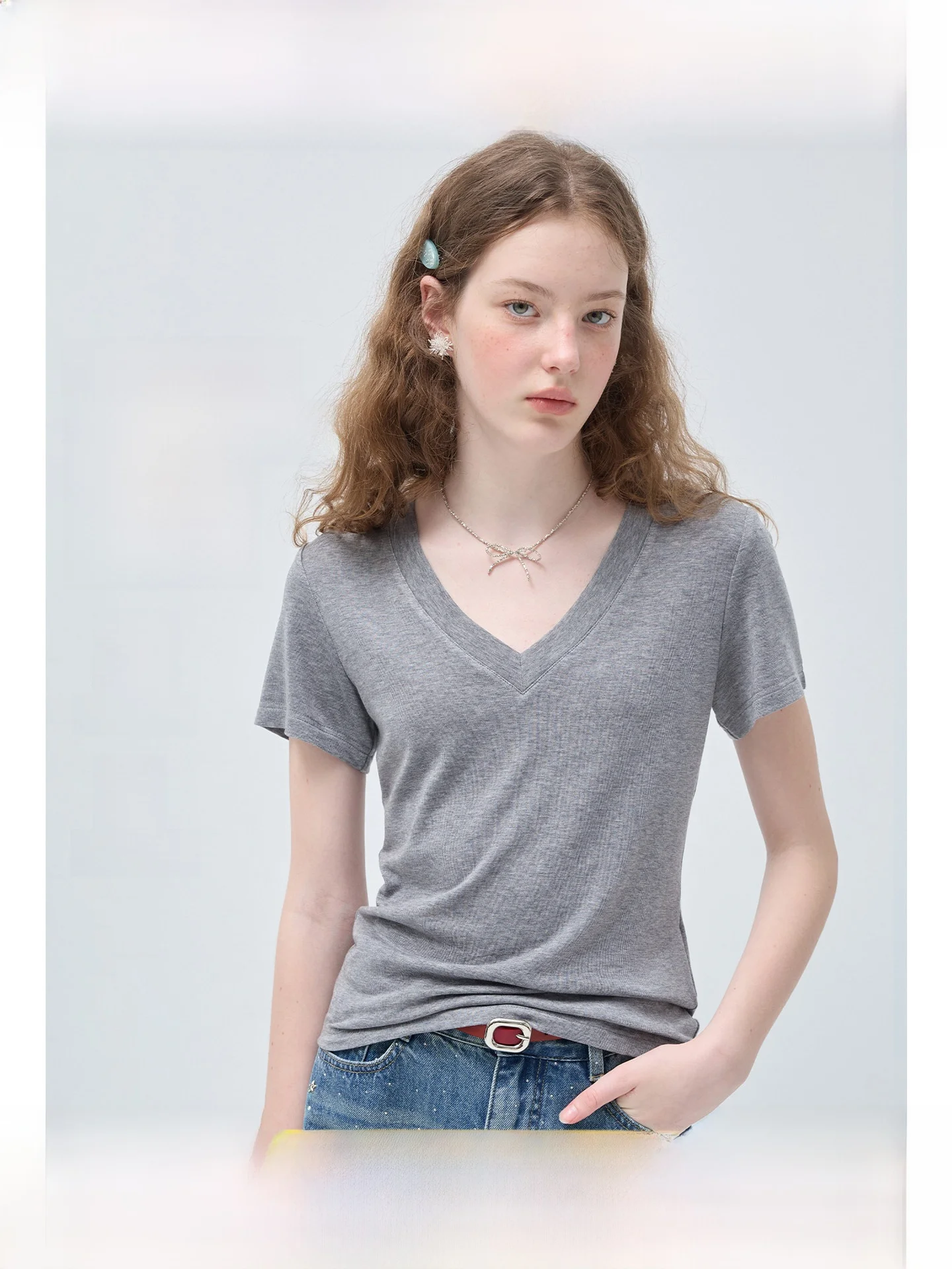 plus Size Women's T-Shirt Silk Wool Shoulder V-neck Short Sleeve Summer Slim Fit Casual Top Comfortable Breathable Ladies' Tee