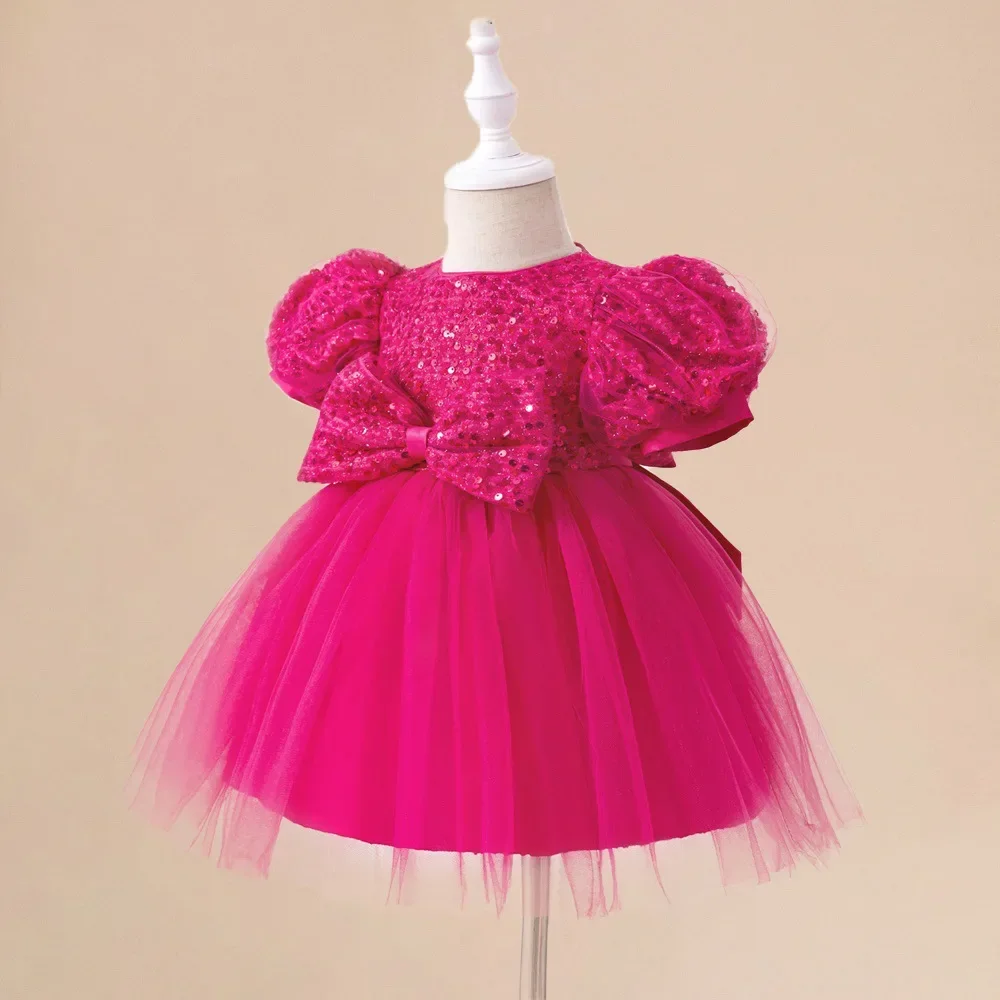 Infant Vintage Pink Birthday Baptism Party Dress Girls Sequin Bow Dress Baby Girl Lace Costume Kids Fashion Evening Prom Gown