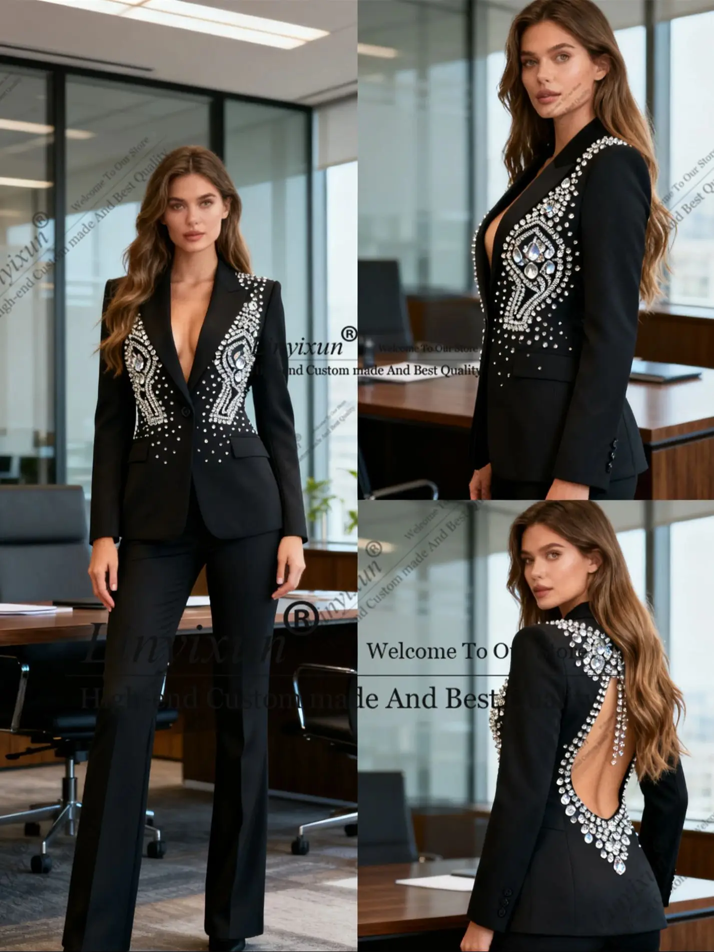 Luxury Crystals Rhinestone Women Suits Sets 2 Piece Elegant Customized One Breasted Outfits Fashion Casual Chic Female Suit