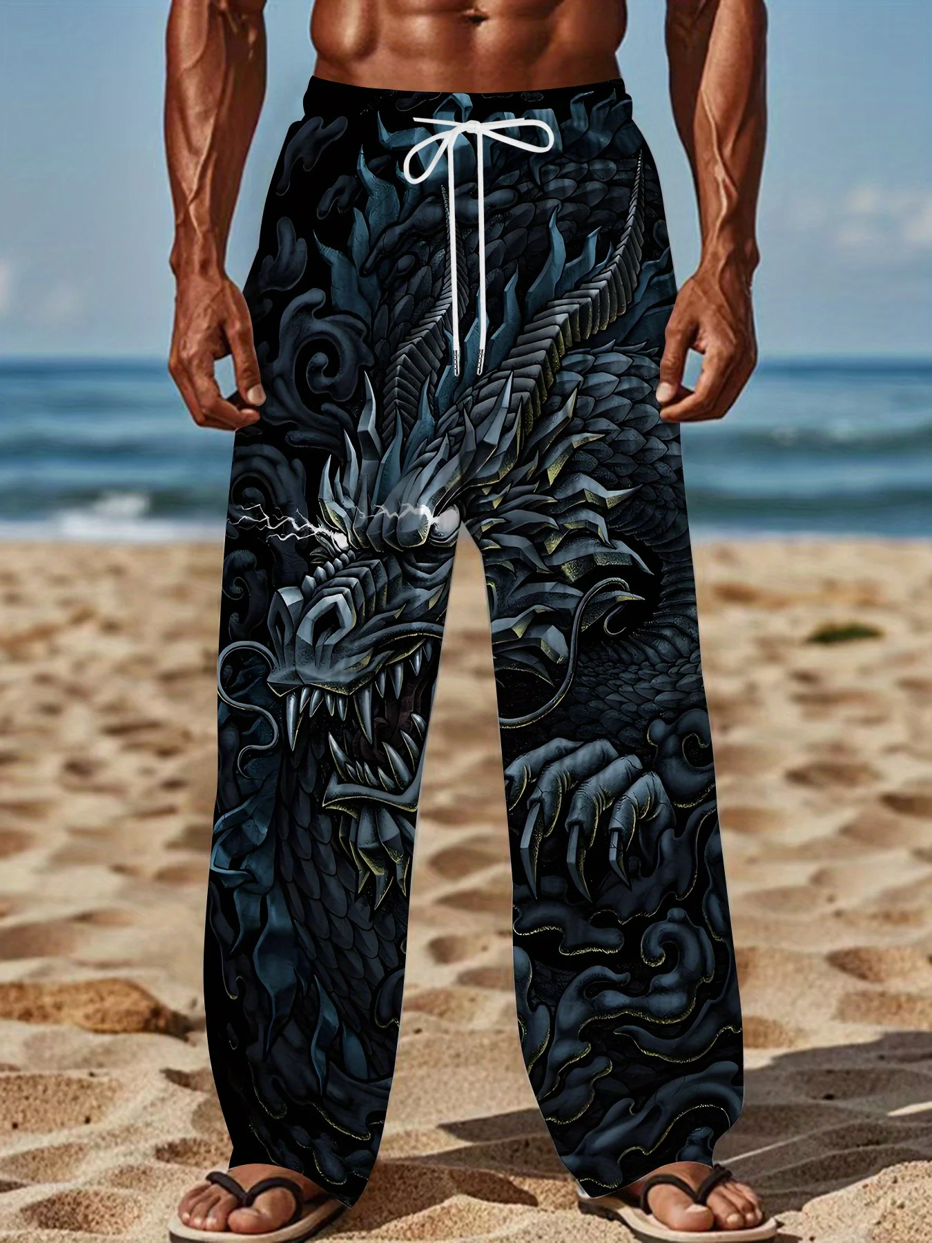 

3D Printed Dragon Head Pants for Men and Women, Casual, Fashionable, Comfortable Straight Leg Vacation Pants