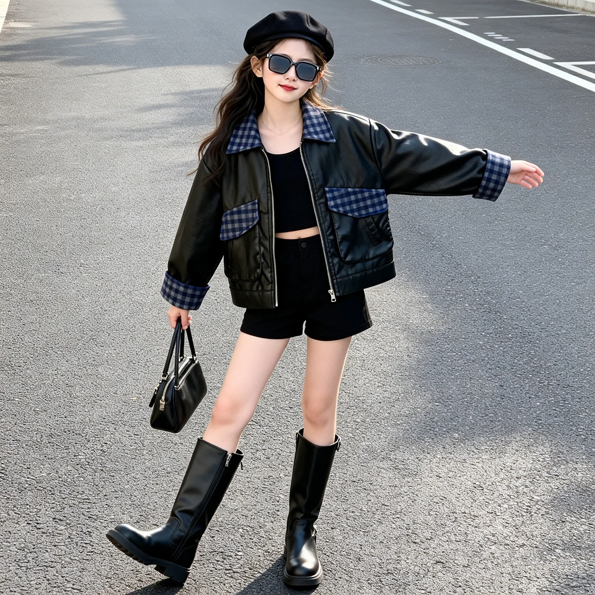 Girls Motorcycle Faux Leather Jacket Korean Style Autumn Biker Coat Cool Trendy Kids Girls Outerwear Children Fashion Streetwear