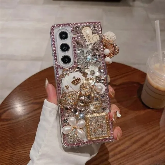 For Samsung Galaxy Z Fold 6 5 4 3 2 5G Cover Fashion DIY Flower Cinderella Pumpkin Carriage Full Bling Diamond Phone Case Cover