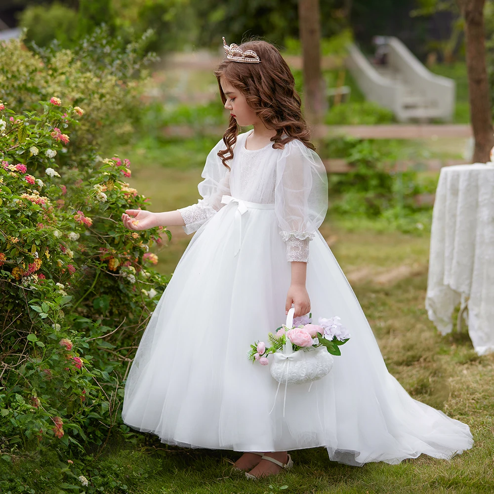 Summer Flower Girls Dress Bow Long Sleeve Wedding Ball Gown Child Host White Lace Bridesmaids Princess Dresses for Girl Vestidos