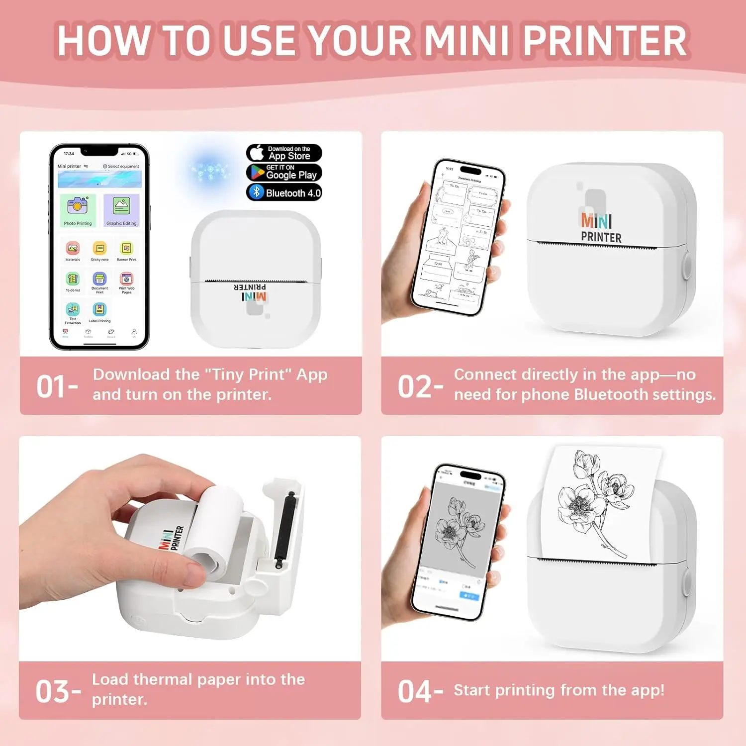 ステッカープリンター - 24インチ/分高速印刷 - Bluetoothインクレスプリンター&ステッカーメーカー、13ロール用紙付き、メモ用コンパクトプリントポッド