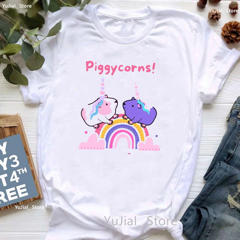 

Rainbow Capybara Pig Unicorn Animal Print Tshirt Girls Harajuku Kawaii Clothes Funny White T Shirt Women Summer Tops Tee Shirt