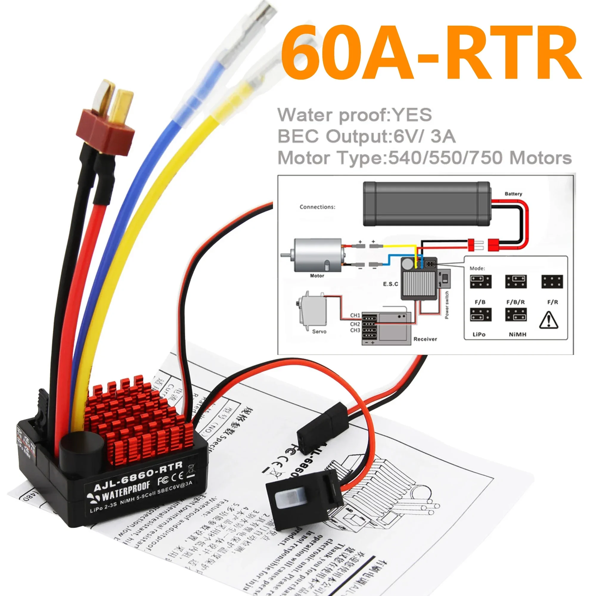 NEEBRC 60A Waterproof Brushed ESC Built-in 3 Modes T/XT60/Tamiya 6V/3A BEC 2-3S for RC Car Crawler Boat Tank 540/550/750 Motor