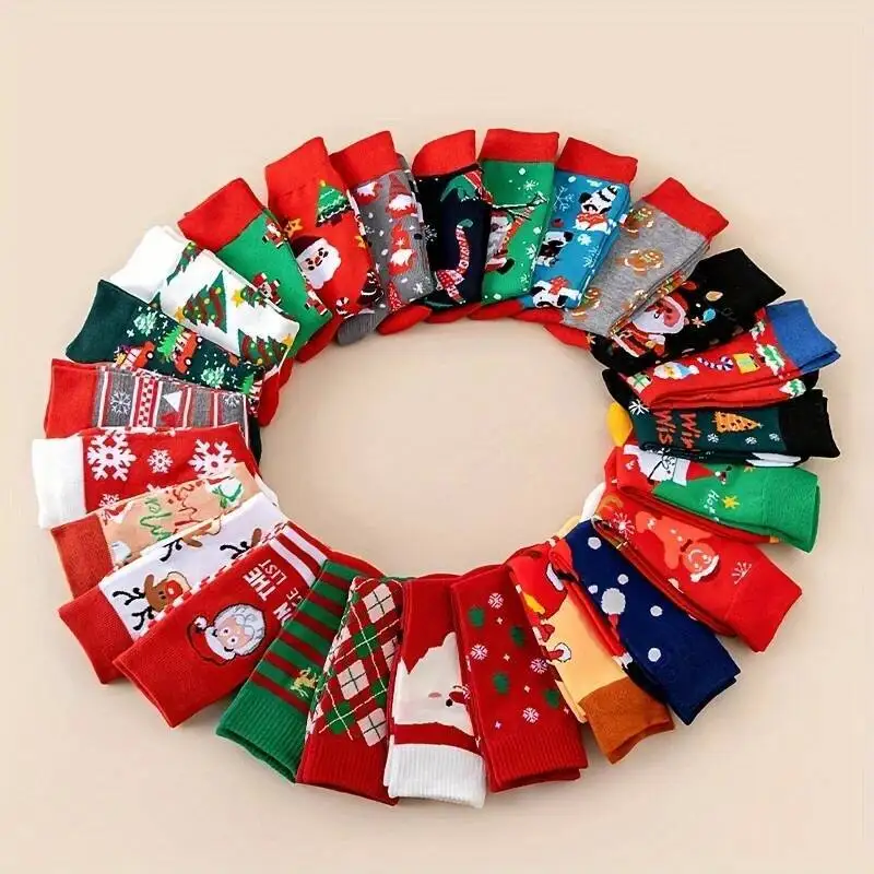 

Christmas Stockings 12 Pairs, Warm Long Socks With Santa Gingerbread Print. Perfect Gift For Family & Friends!