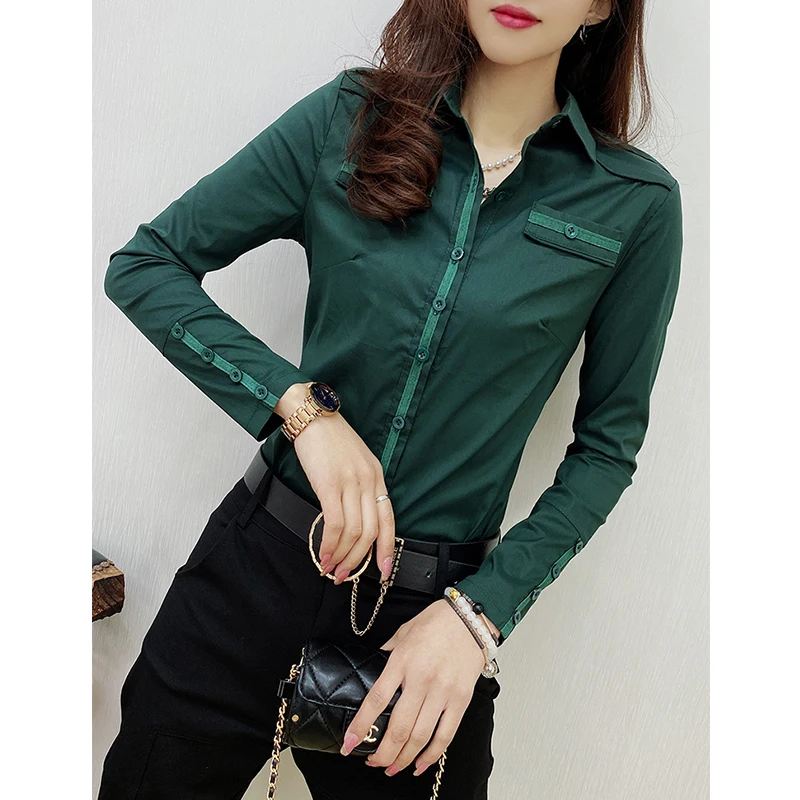 

2024 New Fall Winter European Clothes Shirts Office Lady Blouses Chic Sexy Button Patchwork Women Green Long Sleeve Tops 311128