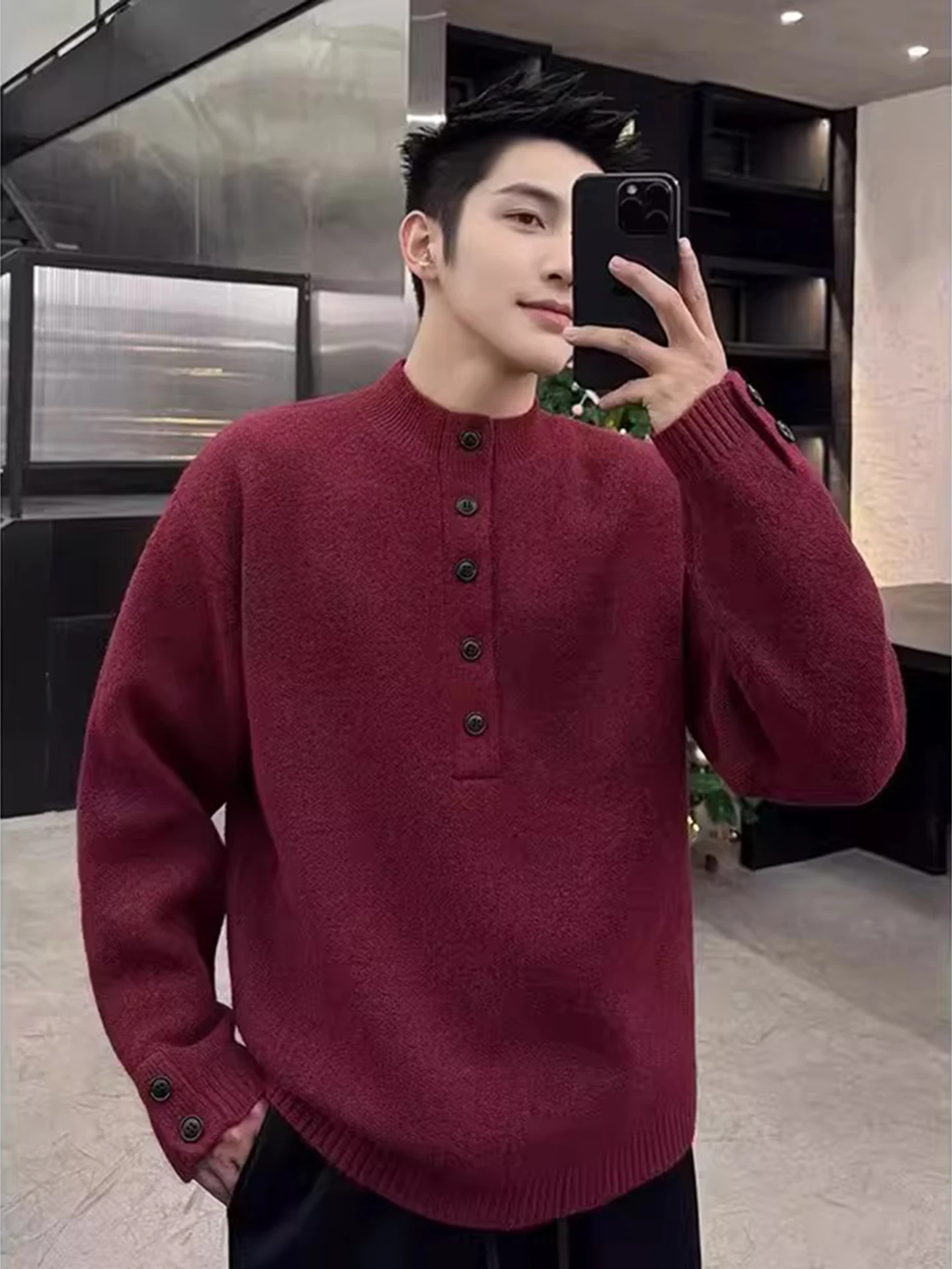 

Vintage Button-Up High Ne Knitwear Men's Autumn Winter Faionable Casual Inner Wear Bo Haome Base Layer Sweater