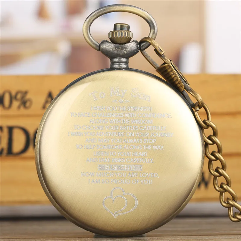 Bronze Hollow Out Gear Case Arabic Number Quartz Pocket Watch for Men Women To My Son Design Cover Gift To Kid Long Chain