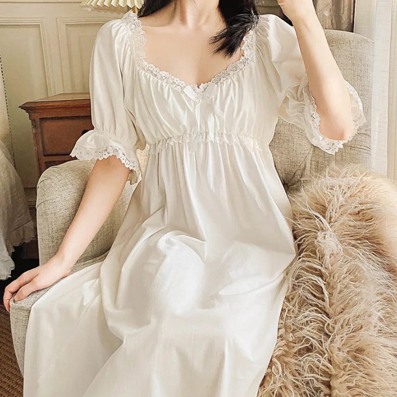 Women Nightgowns Satin Silk Short Sleeve Sleepwear V-Neck Lace Nightwear Bow Dress Sexy Lingerie Gown Homedress Nightdress