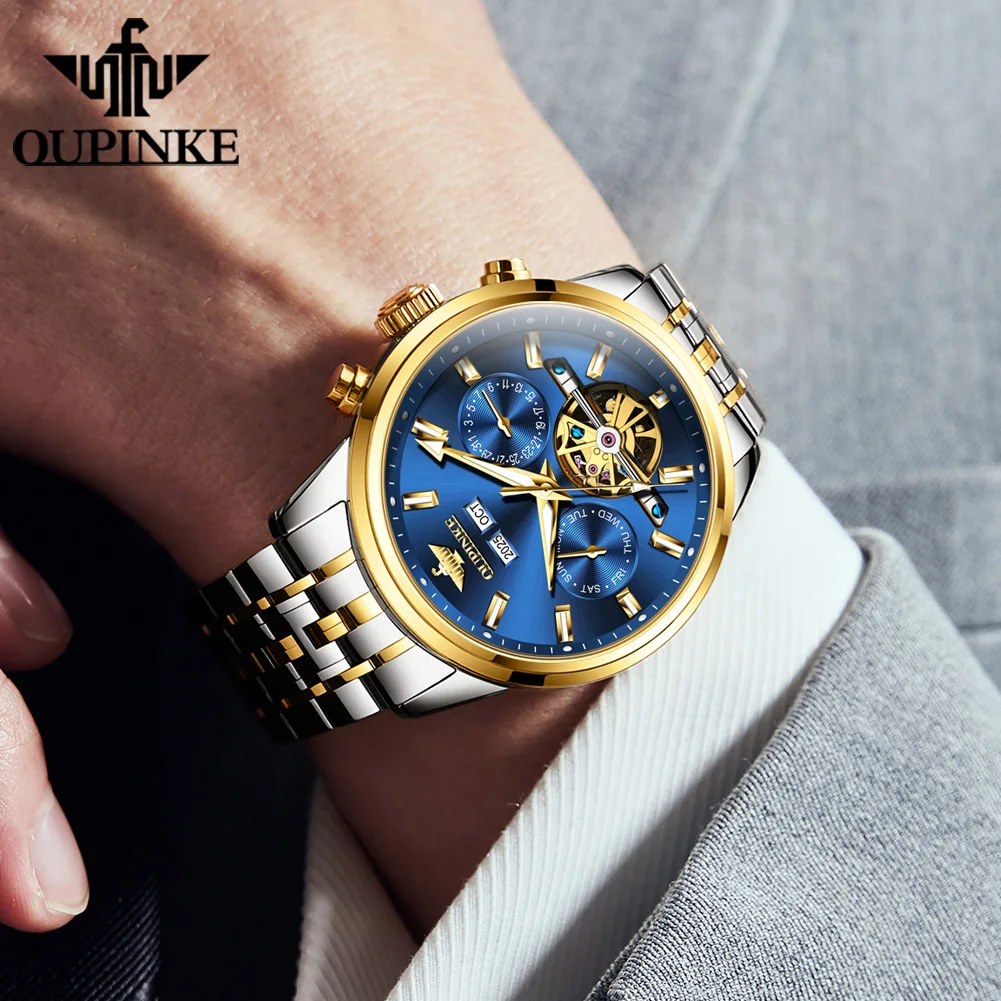 OUPINKE 3296 Men Hollow Automatic Mechanical Watch Top Brand Business Calendar Perpetual Calendar Sapphire Waterproof Men Watch
