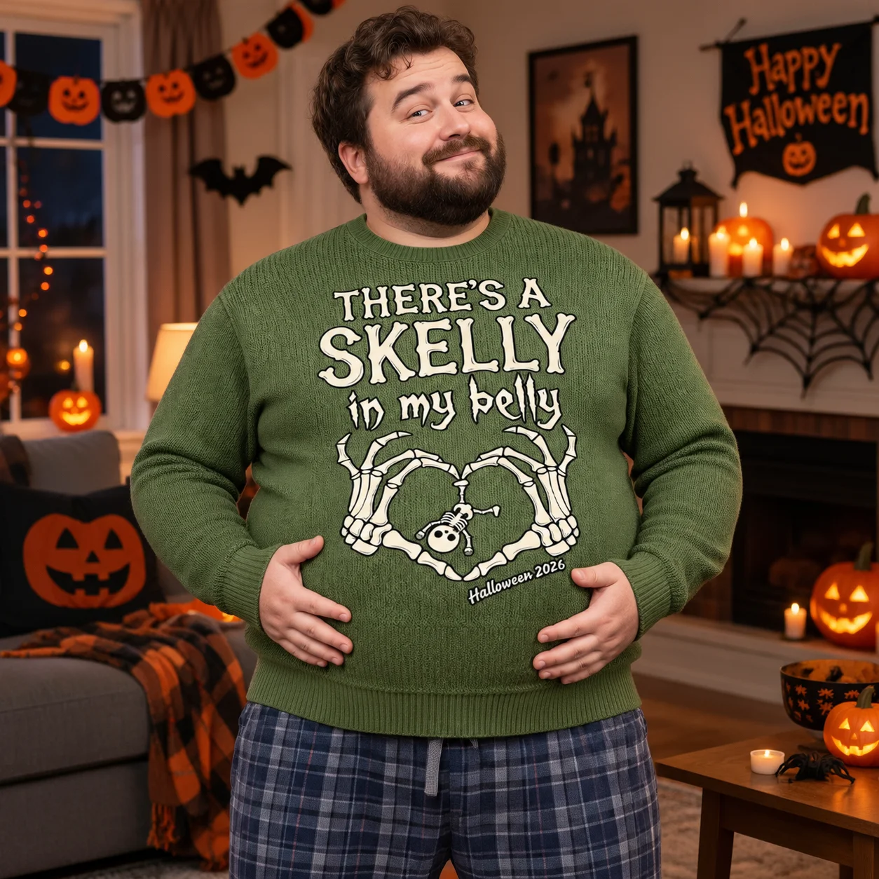 Halloween Couple Skeleton Ugly Sweaters There's A Skelly In My Belly Print Pullover Funny Holiday Gift For Men Women 2026 New